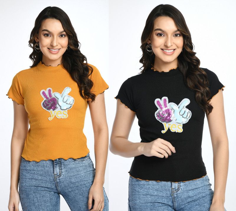 Pack of 2 Casual Cap Sleeves Embellished Women Yellow, Black Top