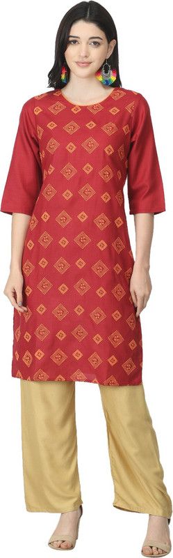 Women Geometric Print Pure Cotton Straight Kurta  (Maroon)