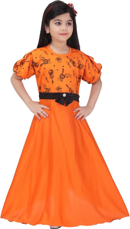 Girls Maxi/Full Length Casual Dress  (Orange, Short Sleeve)