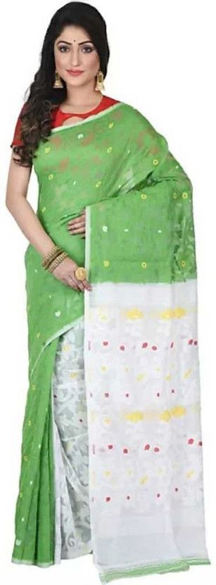 Printed Jamdani Cotton Silk Saree  (White, Green)