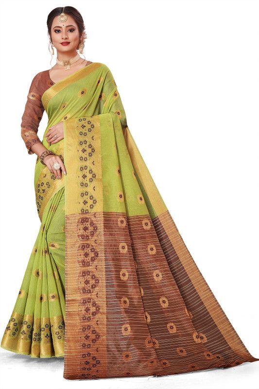 Self Design Banarasi Cotton Silk Saree  (Light Green)