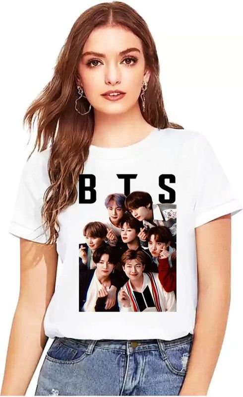 BTS Women Printed Round Neck Poly Cotton Multicolor T-Shirt
