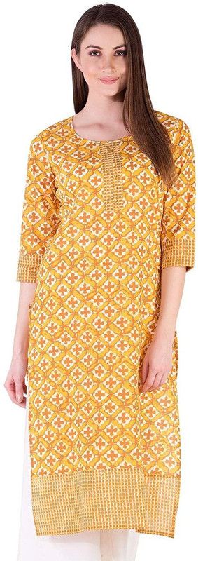 Girls Applique Cotton Blend Straight Kurta  (Orange, Yellow, White)