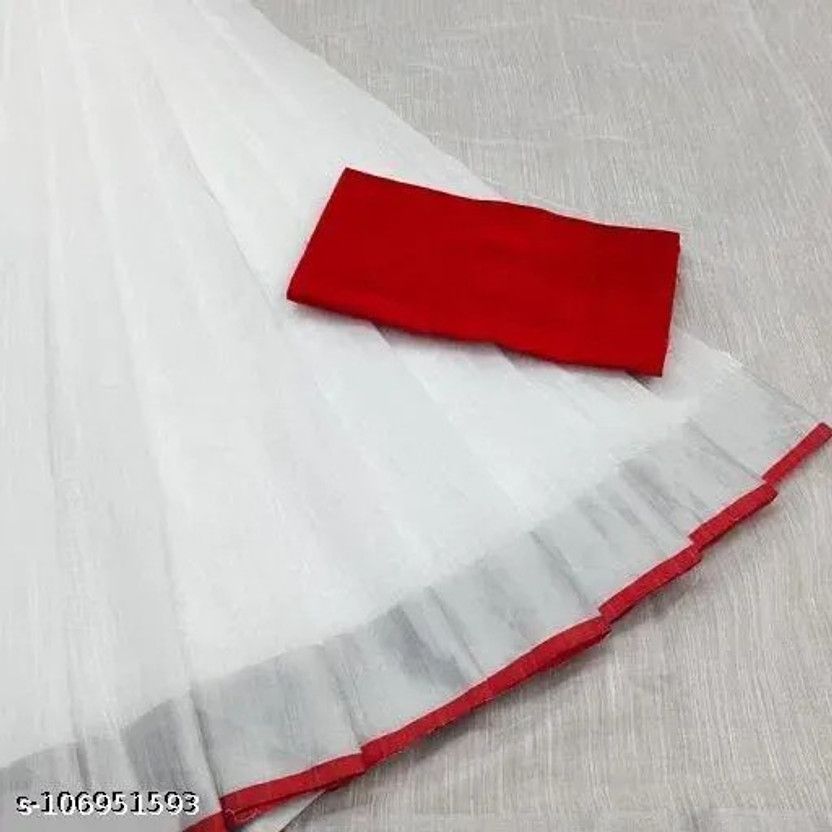 Solid/Plain Daily Wear Pure Cotton Saree  (Red, White)