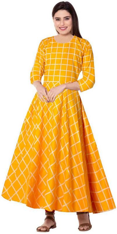 Women Checkered Viscose Rayon Anarkali Kurta  (Yellow)