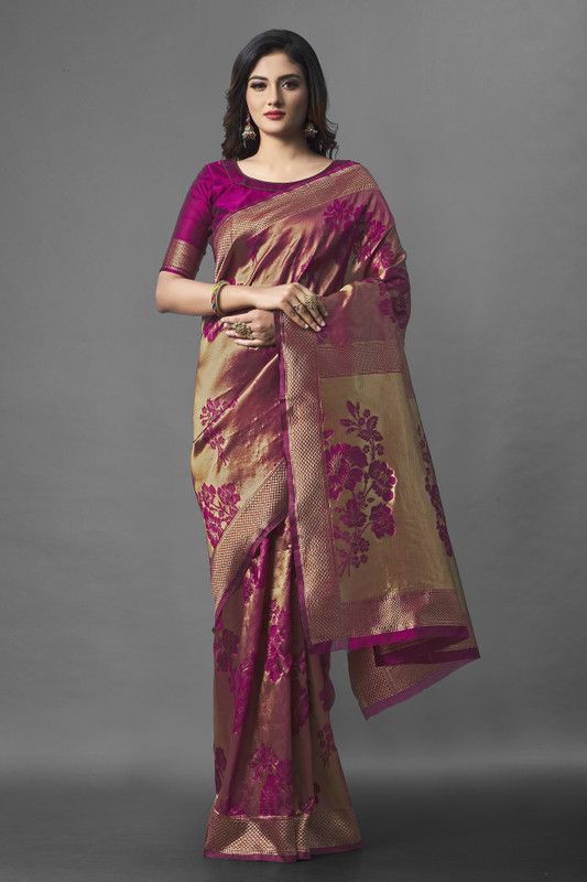 Floral Print Kanjivaram Satin Saree  (Gold, Pink)