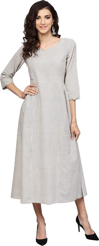 Women Striped Cotton Blend Flared Kurta  (Grey)