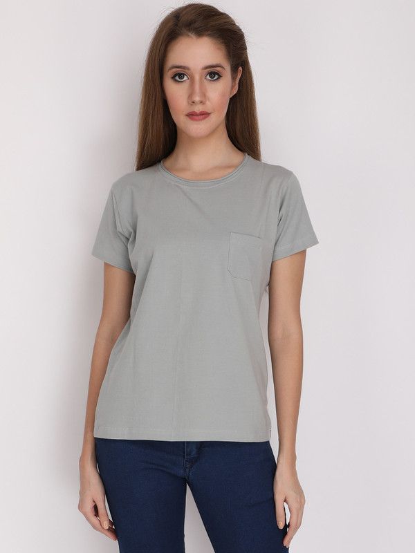 Solid Regular T-Shirt with Pocket Women Solid Round Neck Polyester Grey T-Shirt