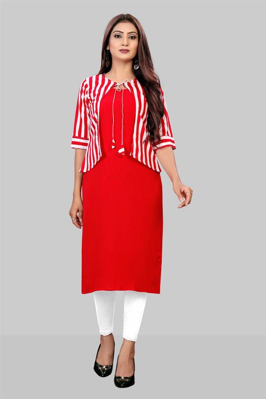 Women Striped Crepe A-line Kurta  (Red)