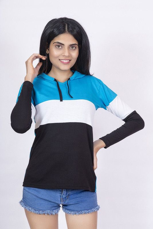 Women Colorblock Hooded Neck Cotton Blend Light Blue T-Shirt