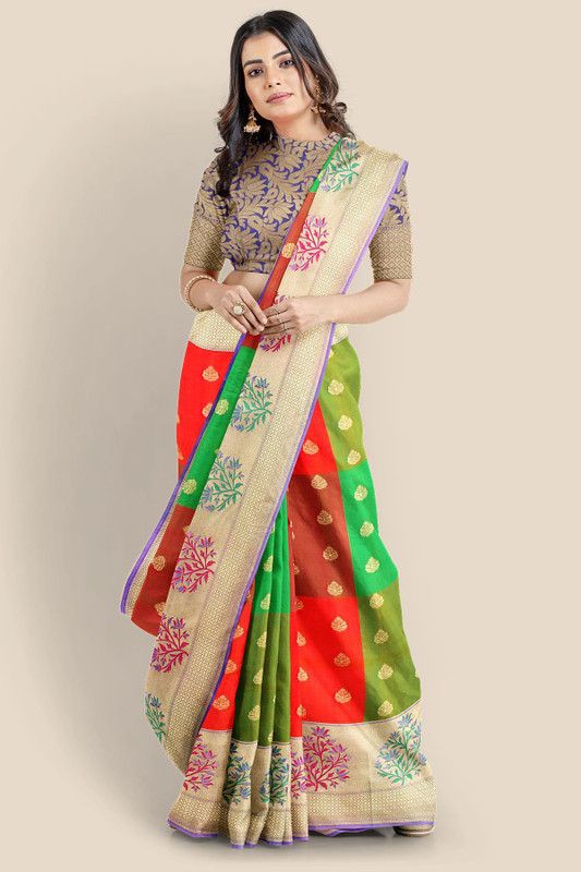 Checkered Patola Pure Silk Saree  (Red)