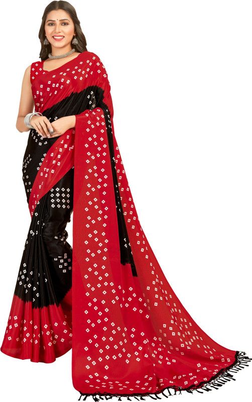 Printed Bandhani Silk Blend Saree  (Red, Black)