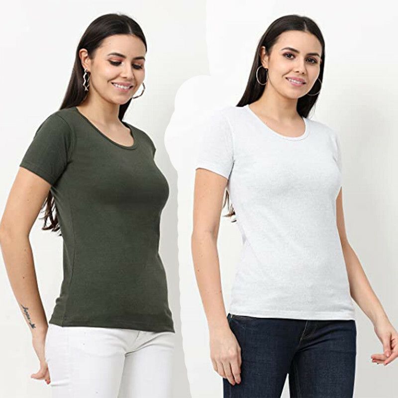Pack of 2 Women Solid Round Neck Cotton Blend White, Dark Green T-Shirt