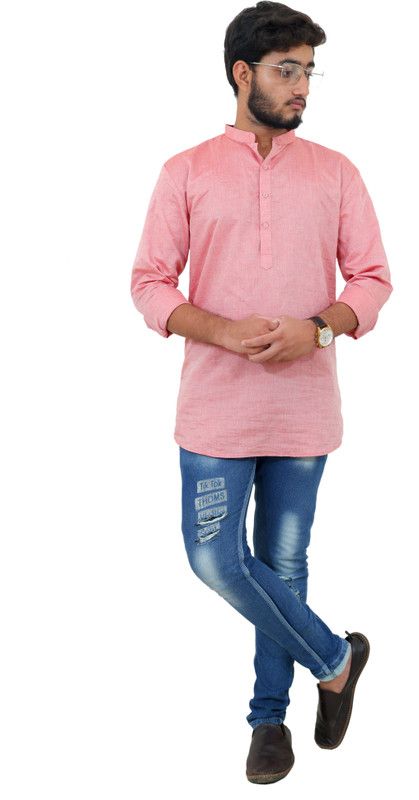 Men Solid Linen Straight Kurta  (Blue)