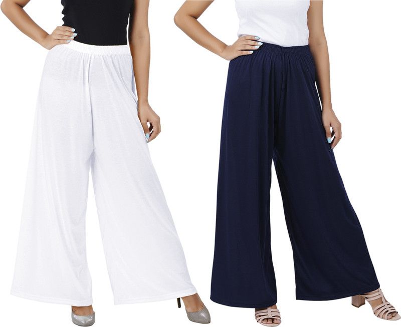 Pack of 2 Women Flared White, Blue Cotton Blend Trousers