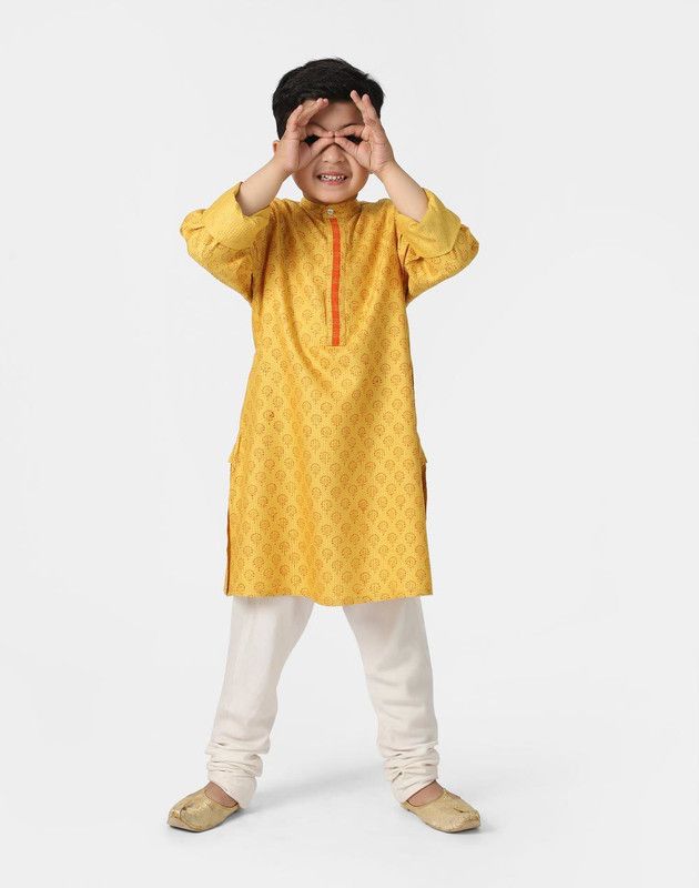Boys Printed Viscose Rayon Straight Kurta  (Yellow)