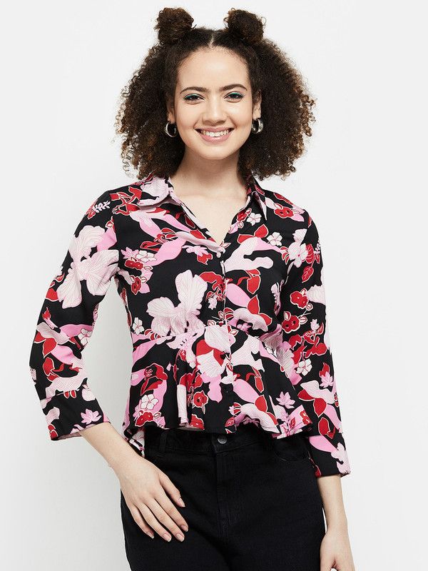 Women Printed Polo Neck Polyester Black T-Shirt