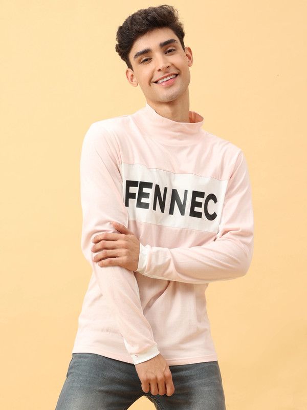 Men Typography High Neck Pure Cotton Pink T-Shirt