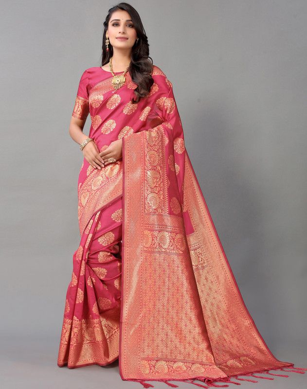 Woven, Self Design, Embellished Daily Wear Cotton Silk, Jacquard Saree  (Pink, Gold)