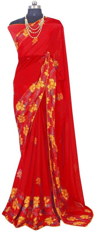 Printed Mysore Satin Saree  (Red)