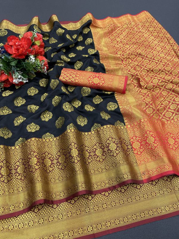 Kanjivaram Cotton Silk, Pure Silk Saree  (Red, Black)