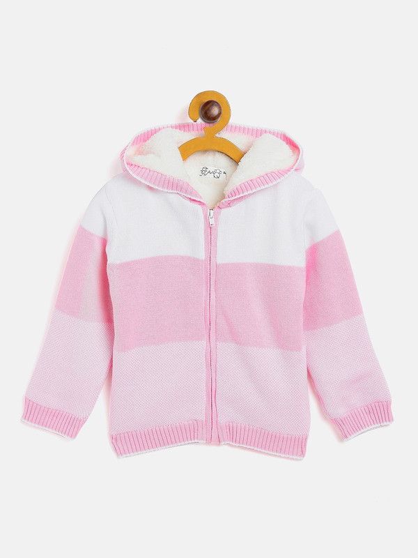 Baby Girls Colorblock Hooded Neck Pink Sweater