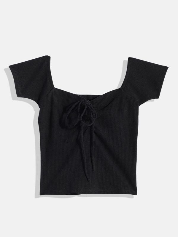 Girls Self Design Pure Cotton T Shirt  (Black, Pack of 1)