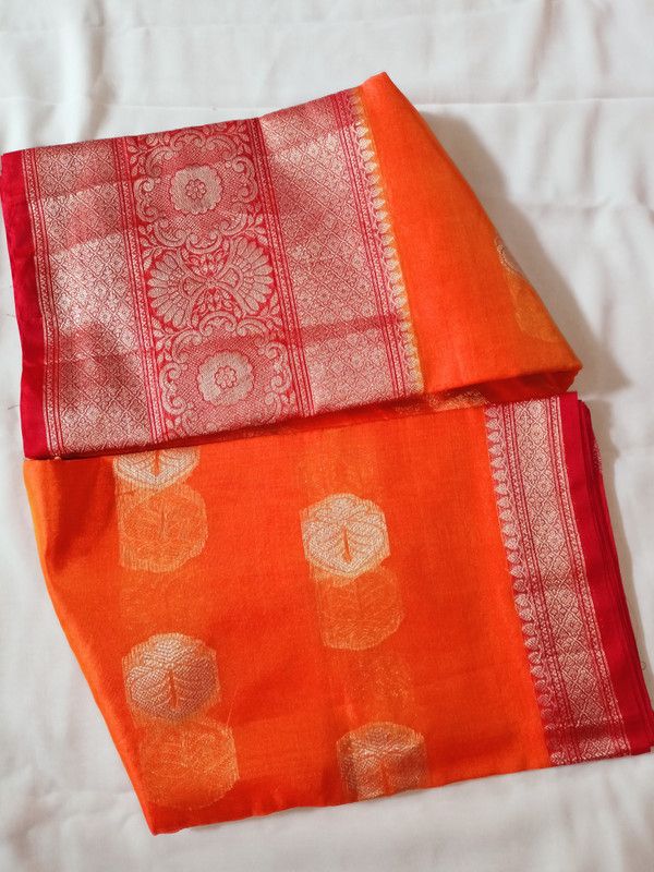 Printed Banarasi Chanderi Saree  (Orange)