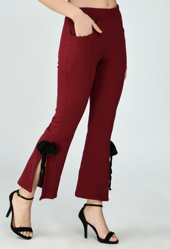 Women Regular Fit, Flared, Relaxed Maroon Cotton Blend Trousers