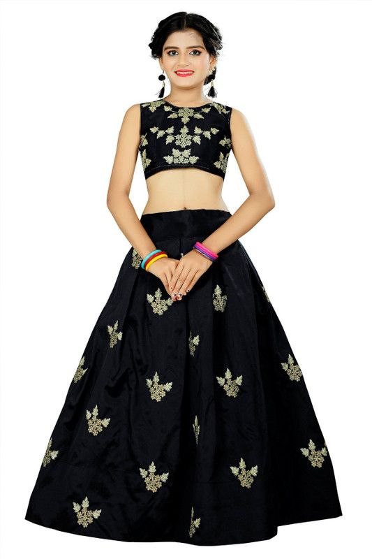 Girls Lehenga Choli Ethnic Wear Self Design Lehenga Choli  (Black, Pack of 1)