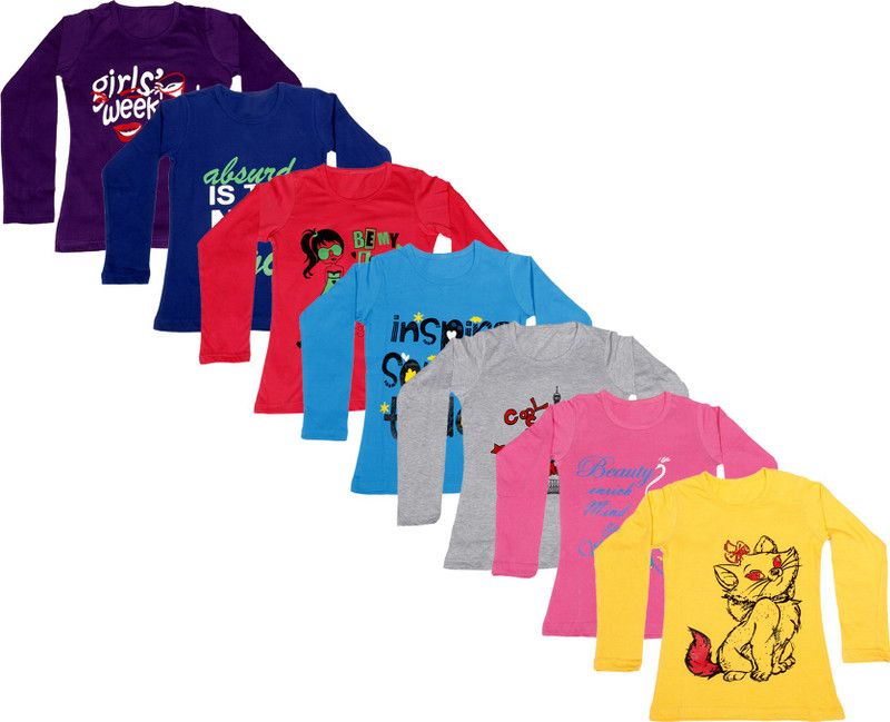 Girls Graphic Print Cotton Blend T Shirt  (Multicolor, Pack of 7)