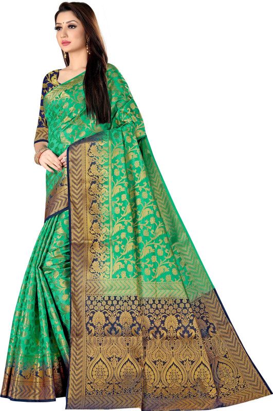 Woven, Embellished Kanjivaram Jacquard Saree  (Green)