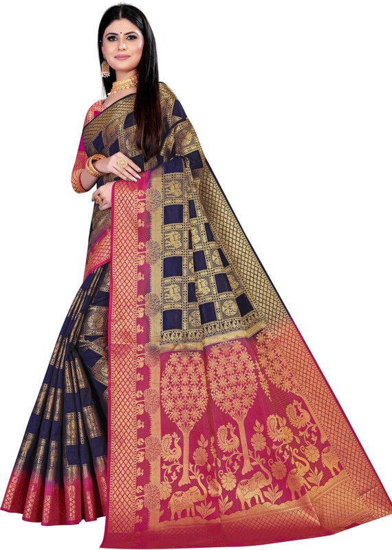 Solid/Plain Kanjivaram Cotton Silk Saree  (Dark Blue)