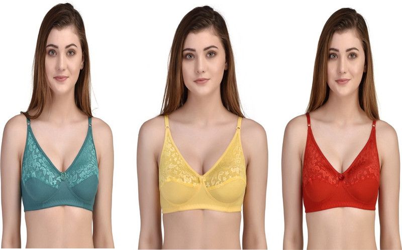 Pack of 3 Women Bralette Non Padded Bra  (Dark Green, Yellow, Red)
