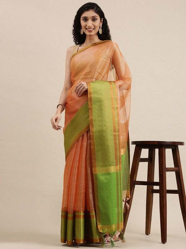 Solid/Plain Bollywood Cotton Silk Saree  (Orange)