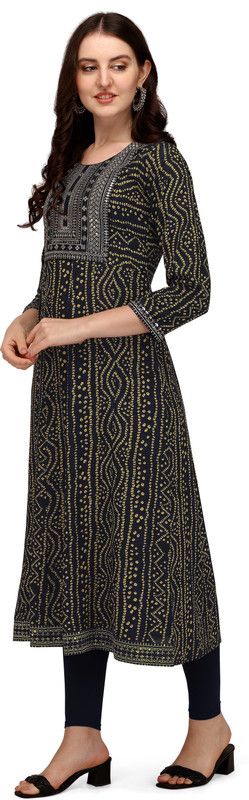 Women Bandhani Cotton Rayon Flared Kurta  (Dark Blue, Yellow)