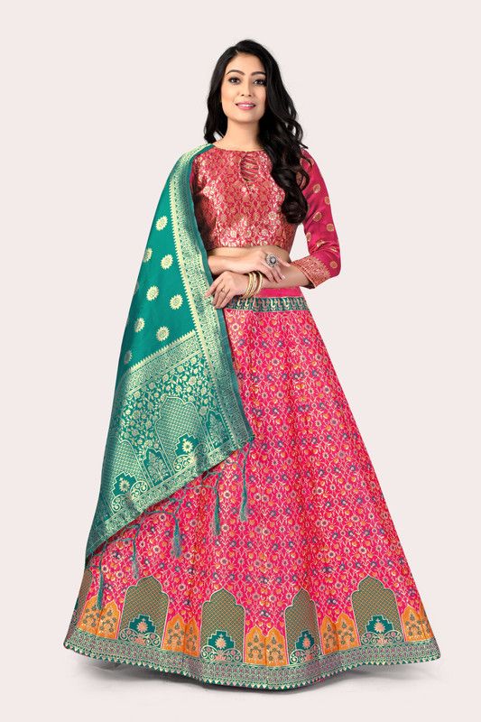 Self Design Semi Stitched Lehenga Choli  (Pink, Green)