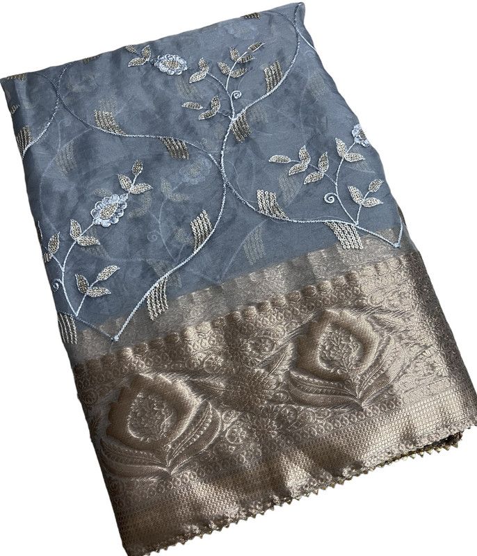 Embroidered, Woven Banarasi Organza, Art Silk Saree  (Grey)