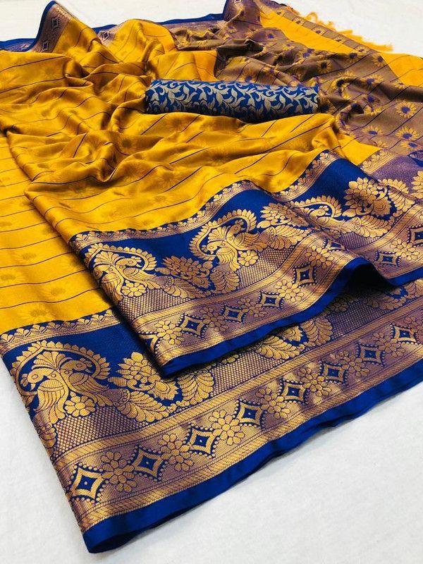 Banarasi Cotton Silk Saree  (Yellow, Blue)