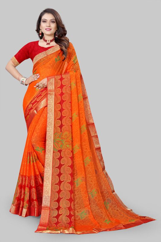 Digital Print Bollywood Brasso Saree  (Red, Orange)