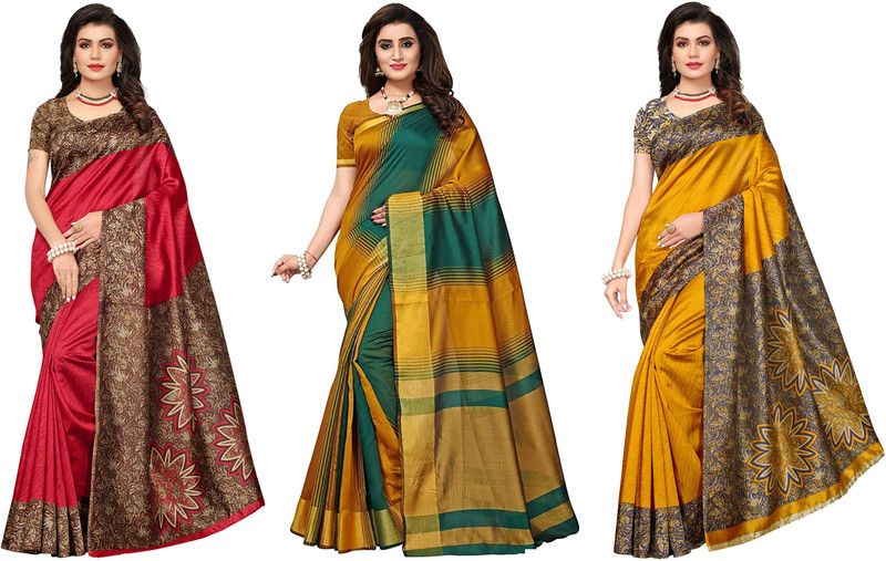 Printed, Striped Kalamkari Silk Blend Saree  (Pack of 3, Magenta, Yellow, Mustard)