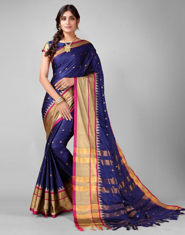 Self Design, Woven, Embellished Banarasi Silk Blend, Jacquard Saree  (Dark Blue, Gold)