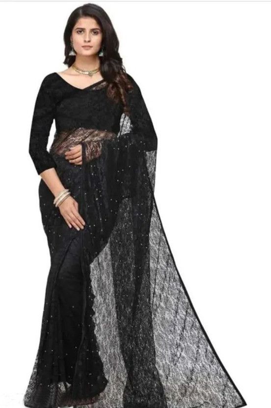 Dyed, Woven Bollywood Net Saree  (Black)