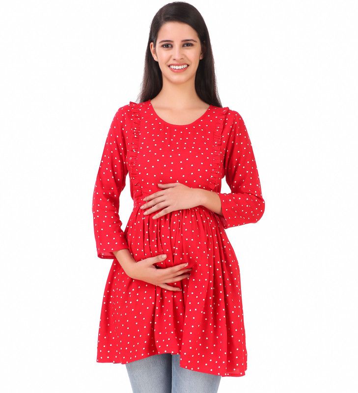 Women Polka Print Viscose Rayon Flared Kurta  (Red)