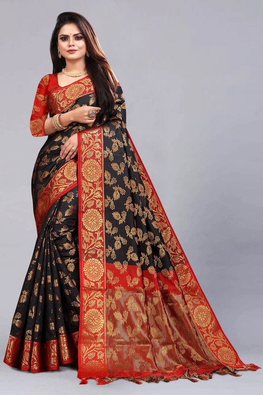 Self Design, Embellished Banarasi Jacquard, Cotton Silk Saree  (Black)