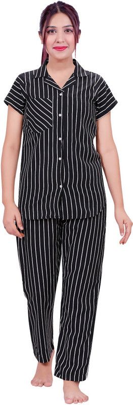 Women Night Suit Set Black Striped