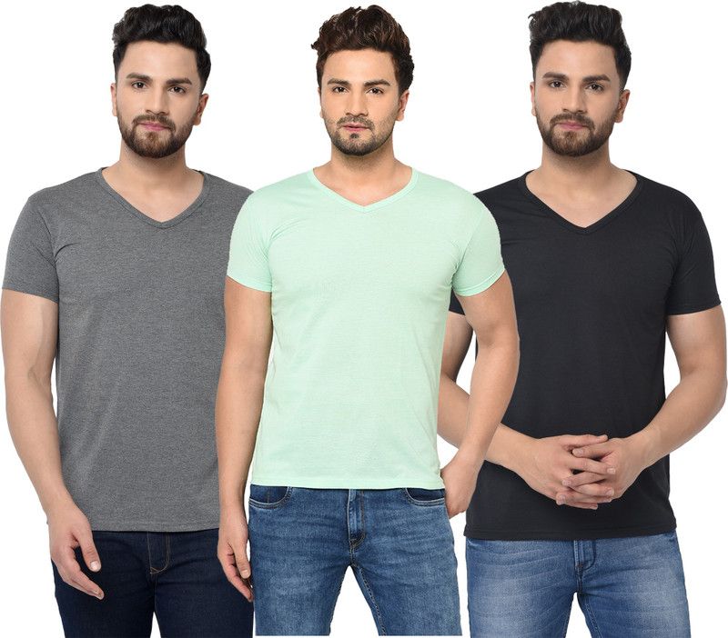 Pack of 3 V neck Combo T-shirts Multicolor Men Solid V Neck Cotton Blend Green, Black, Grey T-Shirt