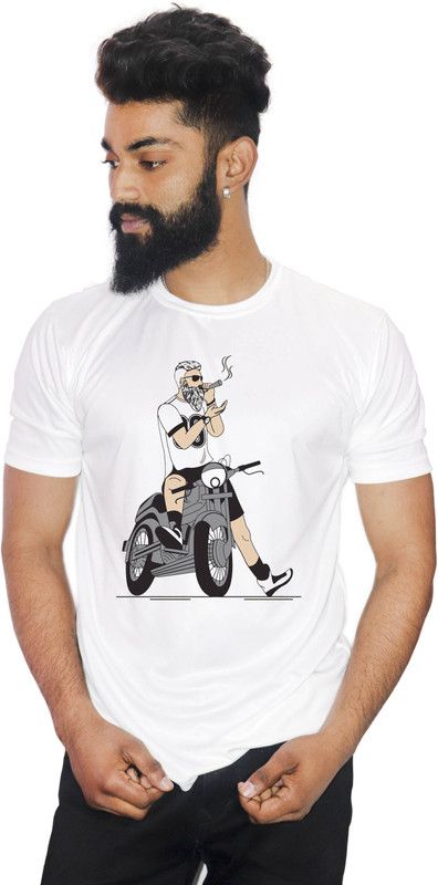 Cool Biker Men Printed Round Neck Polyester White T-Shirt