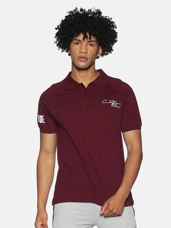Men Typography, Solid Polo Neck Pure Cotton Maroon T-Shirt