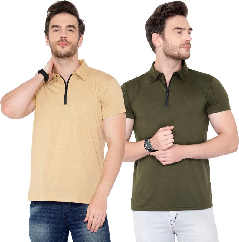 Pack of 2 Men Solid Polo Neck Cotton Blend Green, Beige T-Shirt
